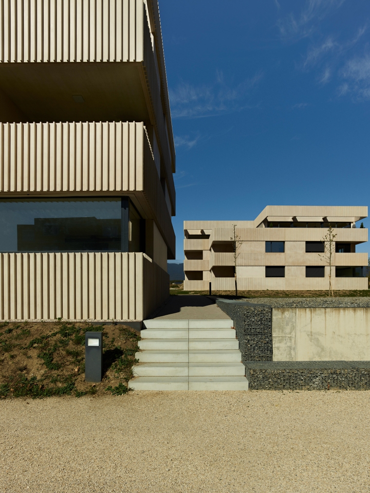 Vue de l'ensemble Big Field Housing et des aménagements extérieurs du quartier FdMP architectes